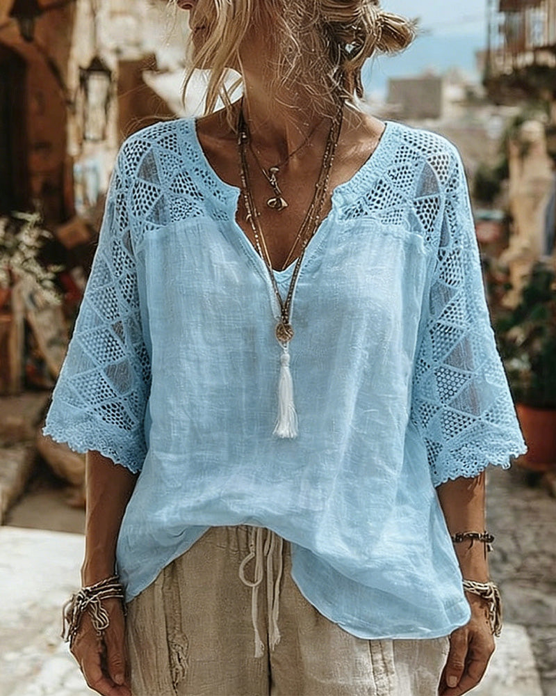 V-Neck Lace Blouse | Women's Summer Top with Lace Sleeves